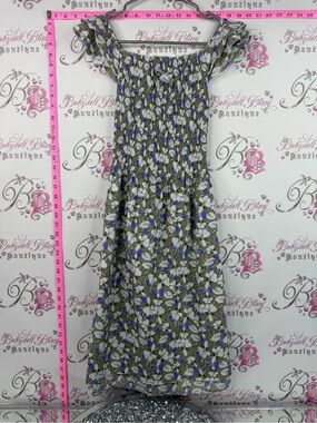 Dress Smocked Floral Midi Dress in Olive with White & Blue Flowers
